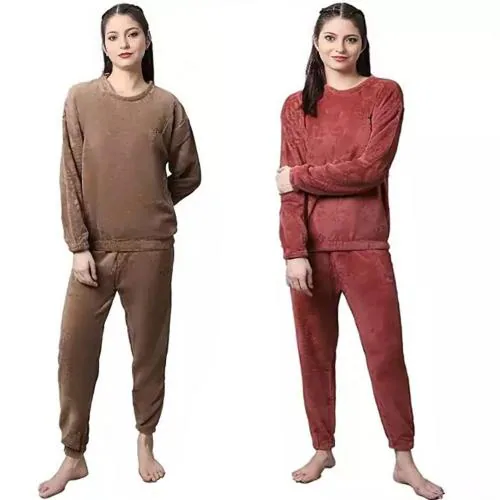 Ukal Combo Pack of 2 Women's Wool Blend & Fleece Fur, core Full Length Winter wear Night suit Pyjama and top Set for Ladies Free Size (M-XL)