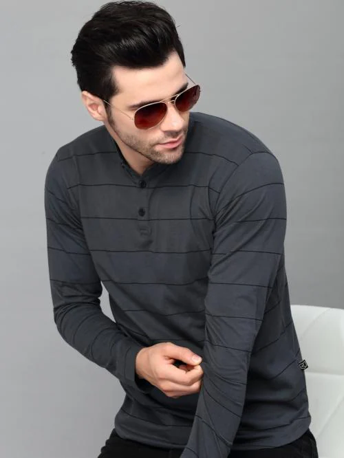 Rigo Men Dark Grey Striped Henley Neck Full Sleeve T-Shirt