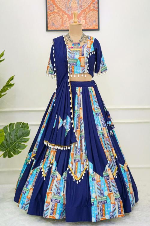 PREETY LOOK Women's Rayon Lehenga - Digital print With Kodi Lace Broder Work, Semi Stitched Lehenga - Ideal For Weddings, Navratri & Family Functions (Colour - Blue) (Size - Free Size)