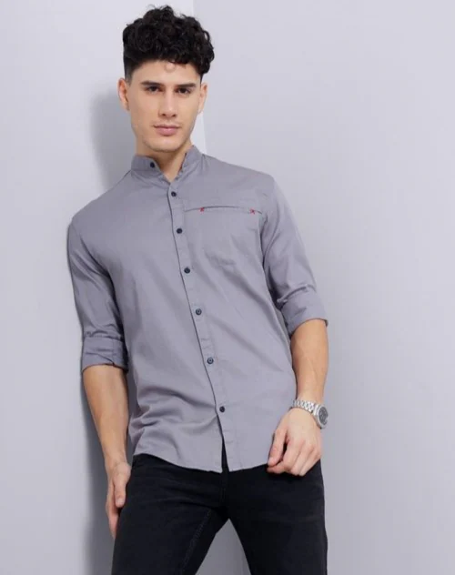 ATTIRIS Men's Cotton Solid/Plain Regular Fit Full Sleeve Chinese Collar Casual Shirt