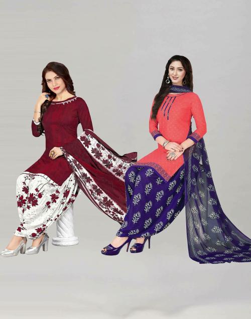 Siril Women'S Crepe Fabric Maroon & Carrot Pink Colour Unstitched Combo Printed Salwar Suit Dress Material