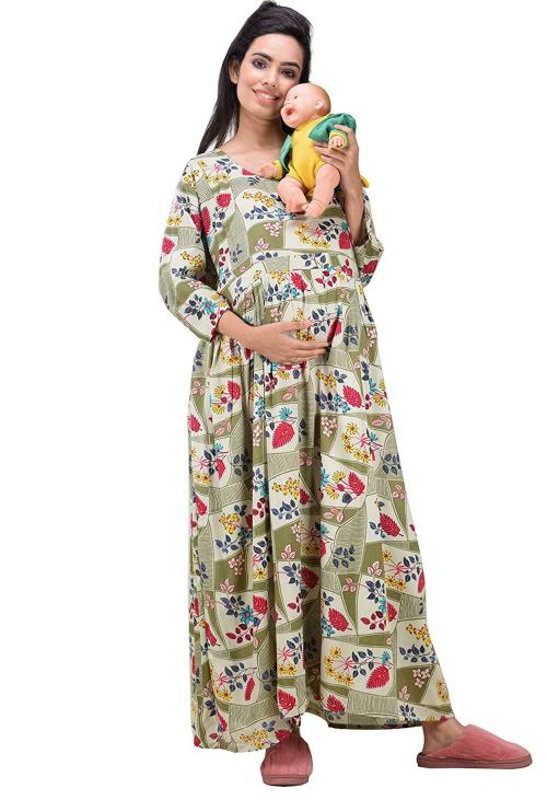 CLYMAA Women Multicolor Cotton Rayon Blend Maternity Gown Dress (3XL)