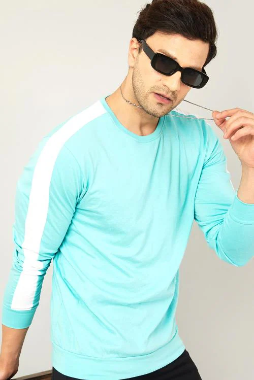 GESPO Black & Sky Blue Striped Round Neck Full Sleeve Casual T-Shirt