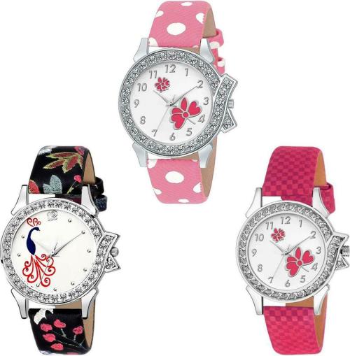 SPLAZOS Analog Silver Dial Pink Strap Wrist Watches for Girls and Women (pack of 3)