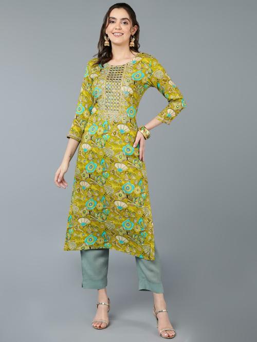 Vaamsi Women's Viscose Rayon Green Floral Printed Straight Kurta VCK9336