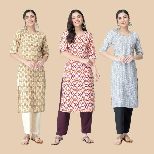 kurti for women kurti crepe kurti 1 Stop Fashion Women's Crepe Beige Digital Printed Straight Kurti Pack of-3