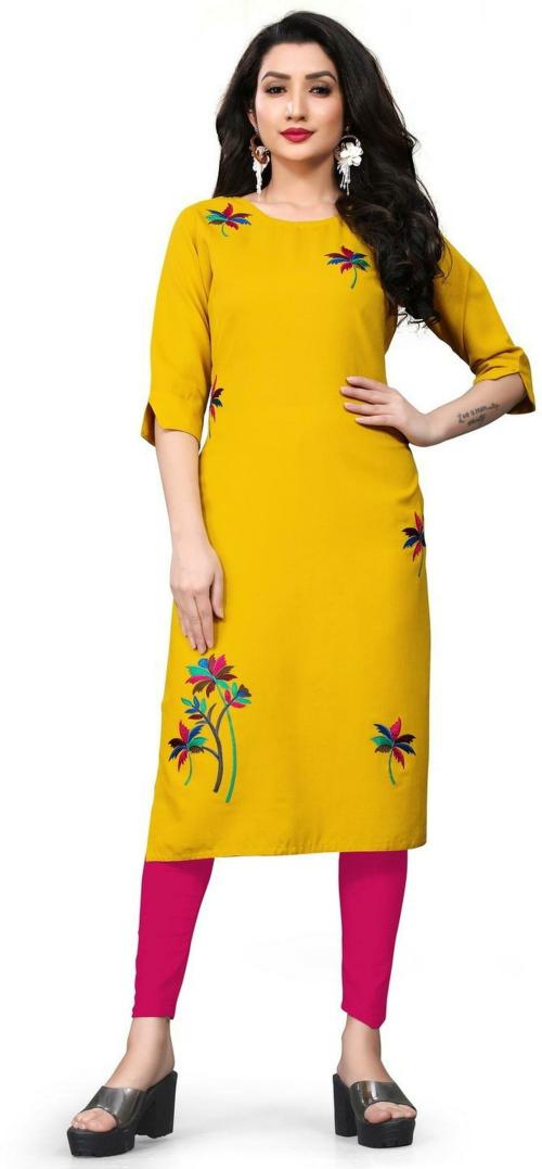 EYELLA Women Yellow Embroidered Pure Cotton Straight Kurta