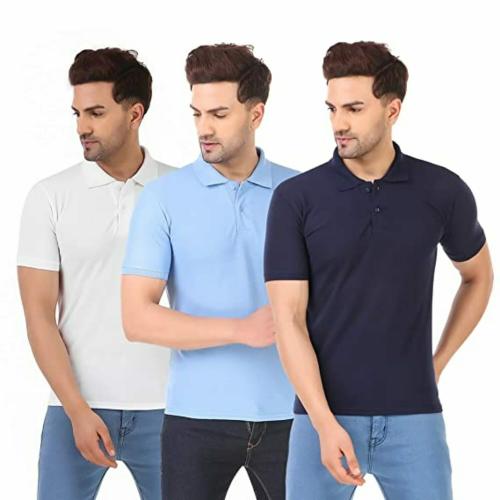 White,Sky Blue,Navy Blue - Large Pack Of 3 Polo T shirt For Men TeesTheDay
