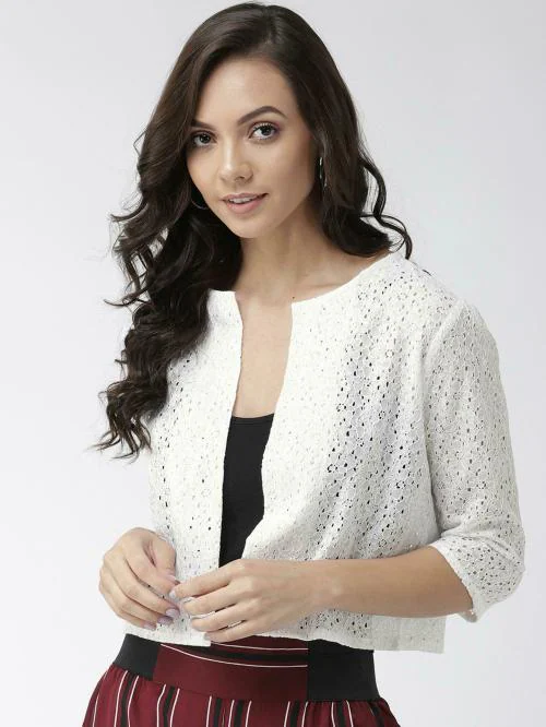 Style Quotient Women White Self Design Open Front Shrug