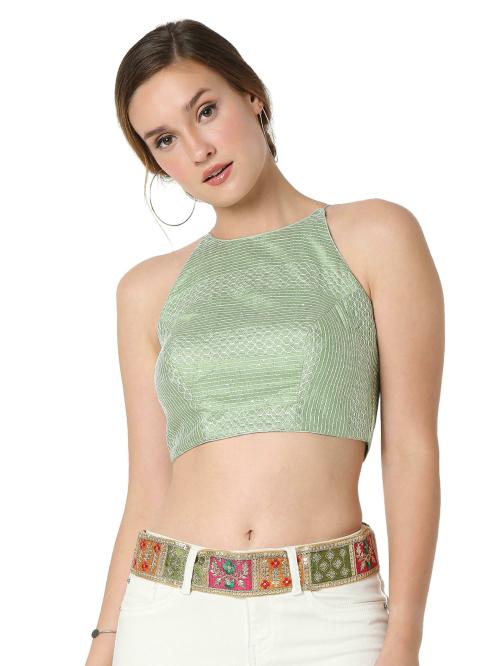 Salwar Studio Women's Pastel Green Dupion Silk Embroidered Readymade Saree Blouse