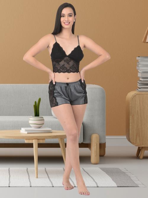 Noty Girl's/Women's- Baby Doll Dress | Nightwear | Knee Length | Bridal Nightdress- Satin Fabric- Laced- Top & Shorts ( Black-Grey - Large )