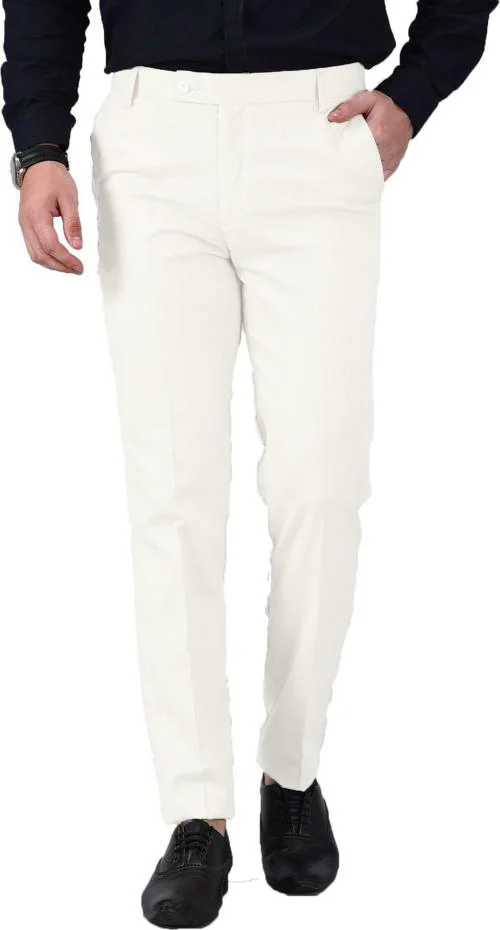 AD & AV Men White Solid Synthetic Single Formal Trousers