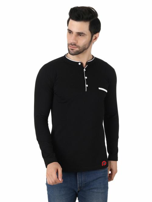 Pixie Fashion Stylish and Handsome Mandarin Collar Full Sleeve T-Shirt for men (Black) - Large