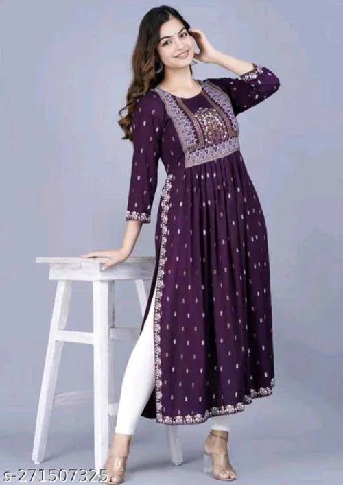ADTFS Nayra Cut Kurti for Women and Girl's Rayon Printed Single Fesival Nayra Cut Purple Kurti | Attractive Trending Design Side Cut Summer Special Kurti