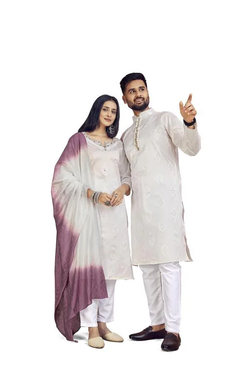 Zarkle Men And Women White Jacquard Silk Couple Butti Work Kurta Pajama & Kurti Pant With Dupatta Set (Men-Xxl And Women-Xxl)