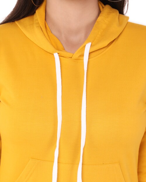 JUNEBERRY Yellow Solid Full Sleeve Hoodie For Women