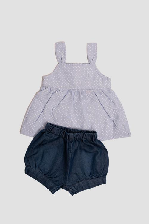 U R CUTE Cotton Blue Baby Girls Solid Hot Pant With Polka Dot Printed Top Set, 9-12 Months