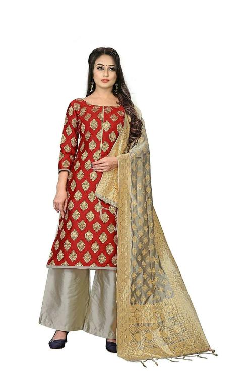 Ekta Textiles Women Maroon Banarasi Silk Unstitched Dress Material with Duppata and Bottom