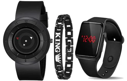 Acnos Analog And Digital Black Dial Black Strap Led Bracelet Watch Combo For Men And Boys Pack Of 3