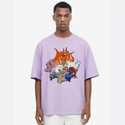 Hashtruck Naruto Uzumaki and Sasuke Uchiha Kurama Susanoo Graphic Anime Unisex Oversize Tshirt Lavender (S)