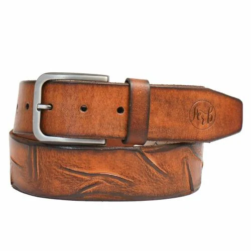 PERB - Full Grain Imported Spanish Tan Premium Leather Belt for Men with Pin Buckle in Antique Zinc Finish - 100% Handmade - For Casual / Formal Occasion in Gift Box (XL)