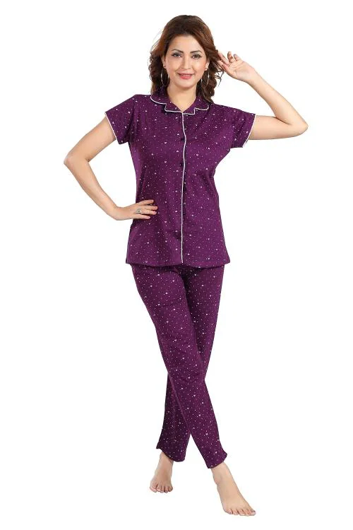 HAUTELOOK Women's Cotton Hosiery Night Suit with Dot and Star Print Front Button Closure and Half Sleeves ( PURPLE SIZE-XL)