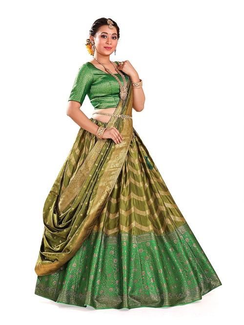 HALFSAREE STUDIO Women Mehendi and Green Banarasi Silk Lehenga Choli with Dupatta