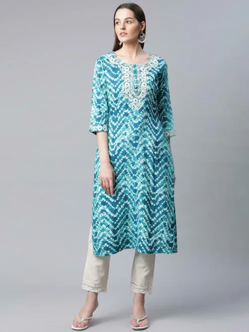 AMIRA'S INDIA ETHNIC WEAR Womens Printed Embroidered Straight Kurta Pant Set (Teal Green)