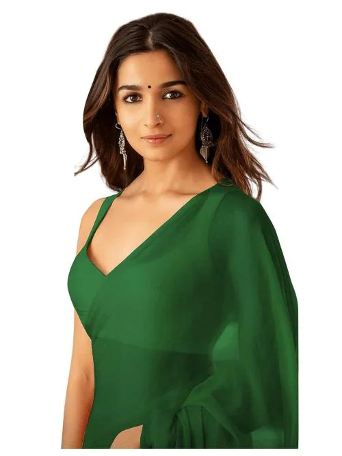 Sidhidata Women's Plain Pure Georgette Saree With Unstitched Blouse Piece (Rocky Aur Rani Ki Prem Kahani Alia Bhatt Saree) Bottle Green