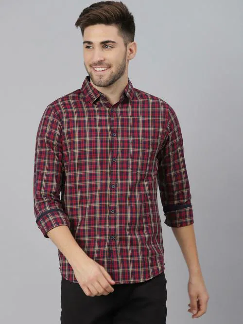 Dennis Lingo Men's Slim Fit Pure Cotton Checkered Full Sleeves Casual Shirt (Red)