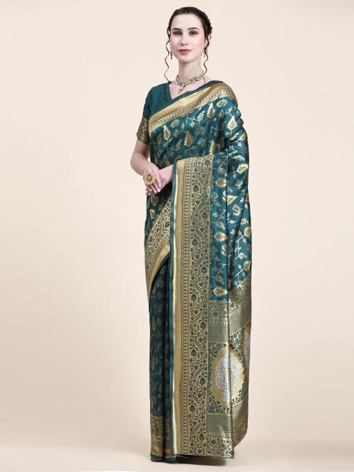 Rujave Women Dark Green Striped Silk Blend Banarasi Saree