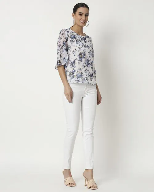 My Swag Women's Floral Print Office Wear Trendy White Top