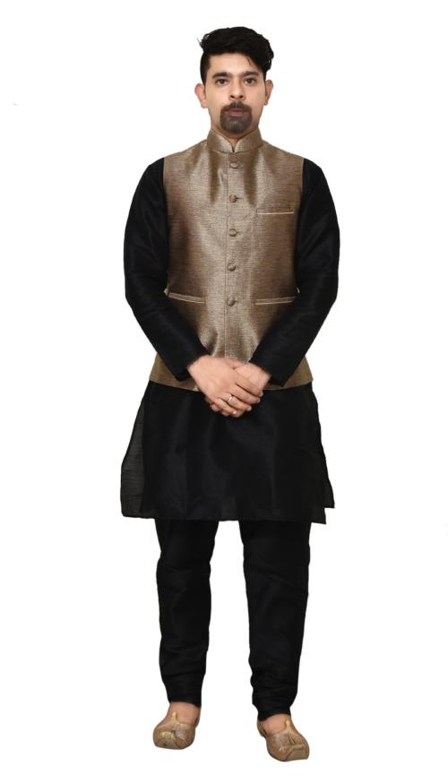 Mag Men's Black Matching Silk Kurta Churidhar With Gold Sparkle Color Waistcoat