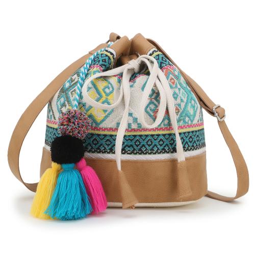 Anekaant Droopy Natural, Brown & Multi Greek Key Textured Polycotton Jacquard & Leatherette Sling Bag