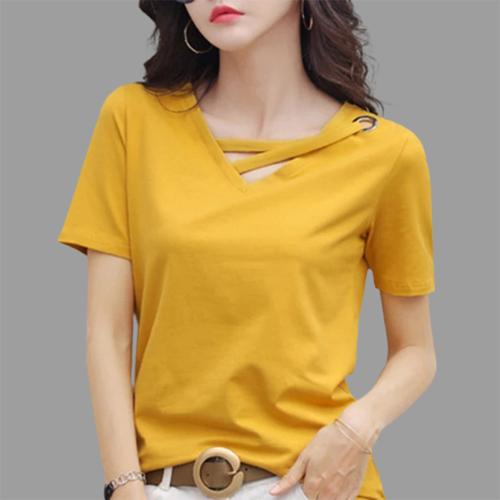 Popster Mustard solid Cotton V-Neck Regular Fit Half Sleeve Womens T-Shirt l women tshirt l tshirt for women