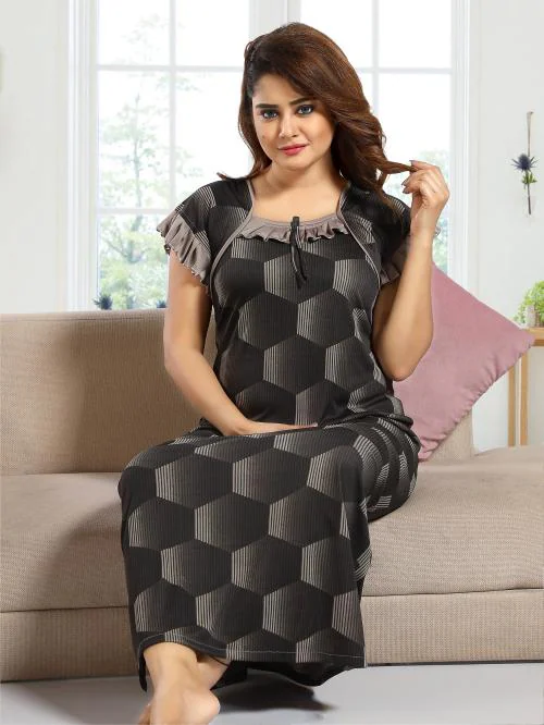 Babesa /Women Nighty/ Black Floral Printed Satin Nighty /satin Nighty /Free size nighty