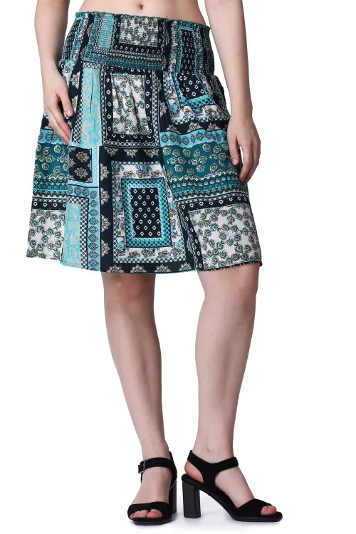 Popwings Women Casual Boho Printed Green Flare Peplum Skirt | Knee Length Skirts For Women | Stylish Skirts For Women