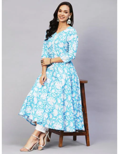 Shubhisha Fashion Women's Blue Floral Printed Anarkali Kurta