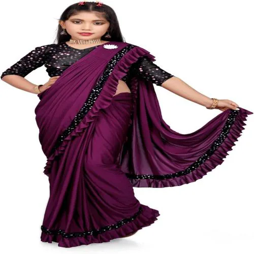 MK fashion Kids Beautiful Ready Made Lycra Saree With Velvet Sequence Blouse (Girl) Size: 11-12 Y