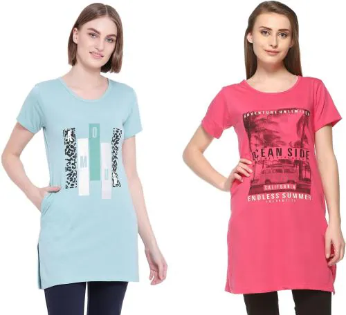 In Love Women Light Blue, Pink Graphic Print Cotton Blend Pack Of 2 T-Shirt