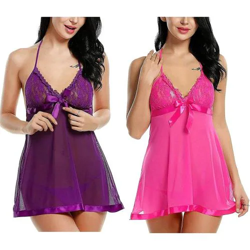 FASHION BONES Baby Doll Nightwear Robe | Kimono Lingerie | Negligee | Sleep Dress & Bra Panty Hot Sexy for Honeymoon, First Night, Anniversary for Women, Ladies & Girls (Purple & Rose Pink) (Free Size)