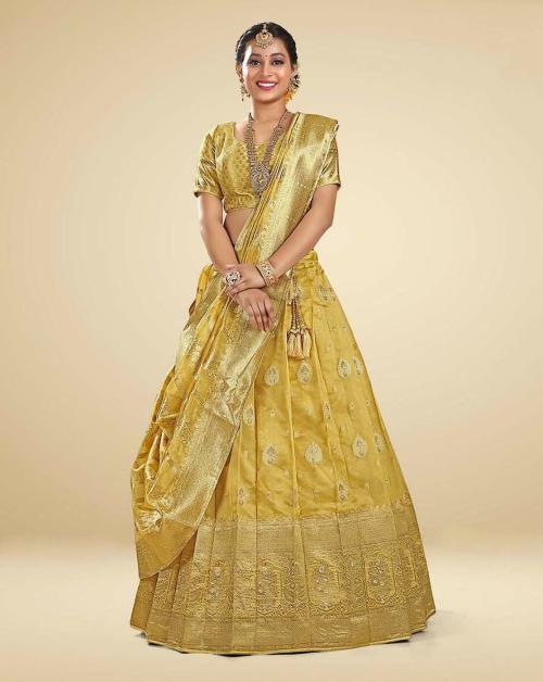 HALFSAREE STUDIO Yellow Banarasi Silk Lehenga Choli