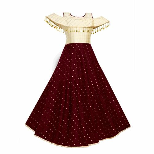 Bollylounge Girls Maroon Striped Taffeta Single Gown Dress