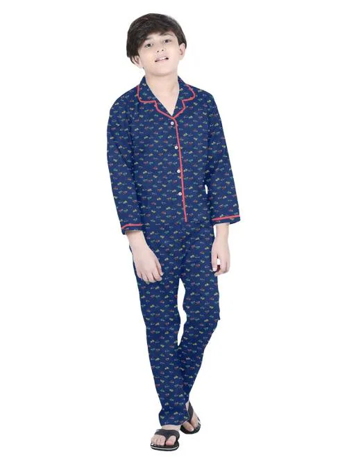 FunKrafts Blue Printed Cotton Night Suit for Boys 3 - 4 Years
