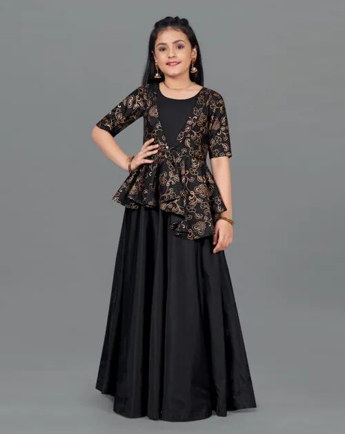 Fashion Dream Girls Black Taffeta Dress With Attached Foil Printed Asymmetric Shrug | Dresses | Kids Wear | Girls Dress | Kids Dress | Dress | Dresses For Girls | Maxi Dress | Kids Girls Dress