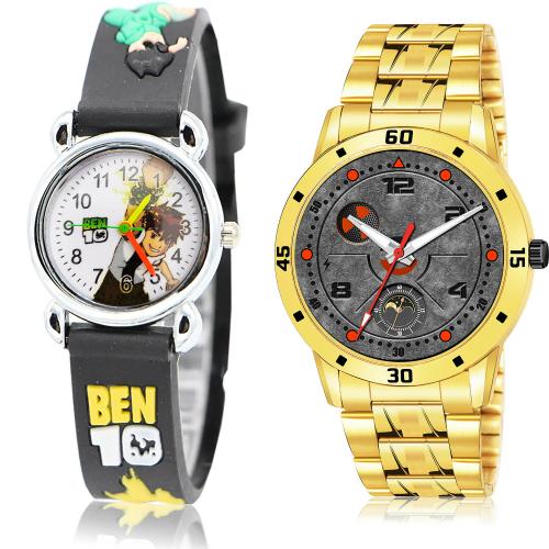 GROOT Classical Style Ben 10 Kids And Gold Chain Black And Gold Colour Analog Plastic And Stainless Steel Belt 2 Watch Combo For Boys And Men - BK82-(13-S-21)