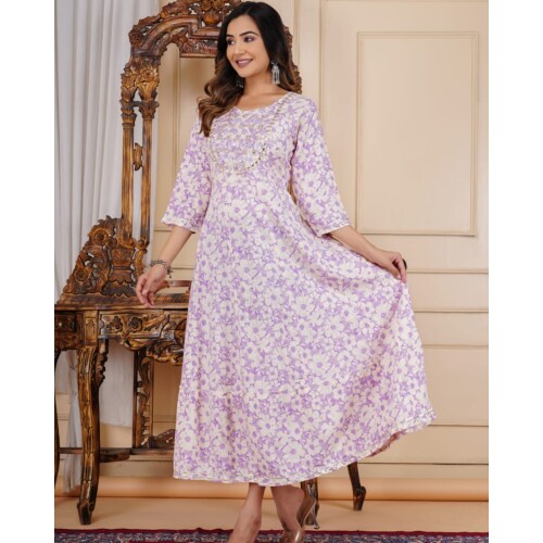 IQARA Premium 100% Rayon Embroidered Women Purple Gown/Kurta|Size-XL