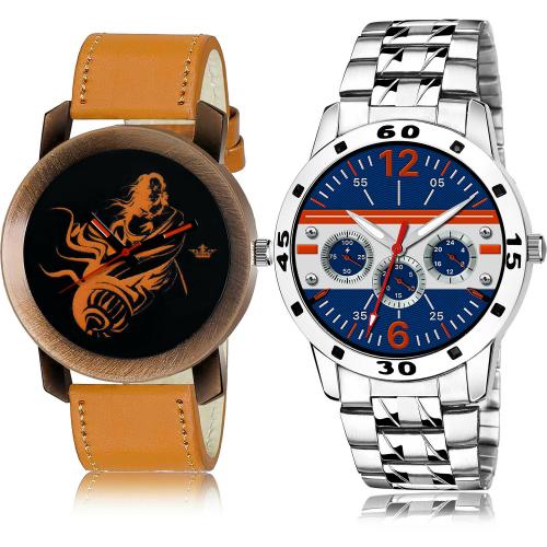 GROOT Brand New Model Mahabali Hanuman And Silver Chain Orange And Silver Colour Analog Genuine Leather And Stainless Steel Belt 2 Watch Combo For Boys And Men - BL46.64-(18-S-19)