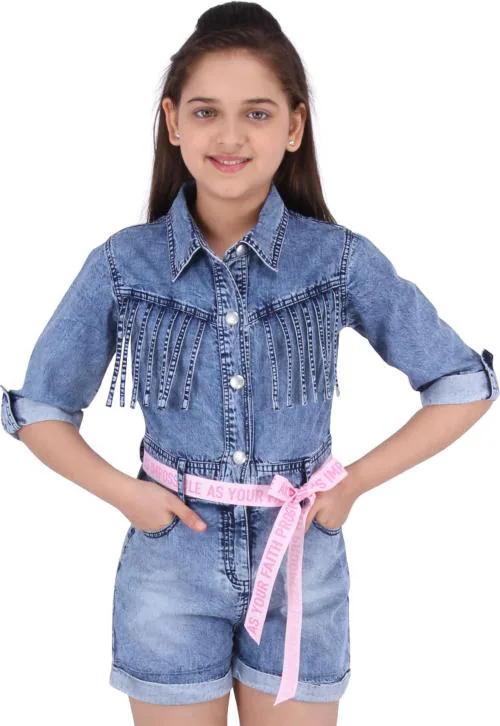 Cutecumber Girls Blue Washed Denim Jumpsuit