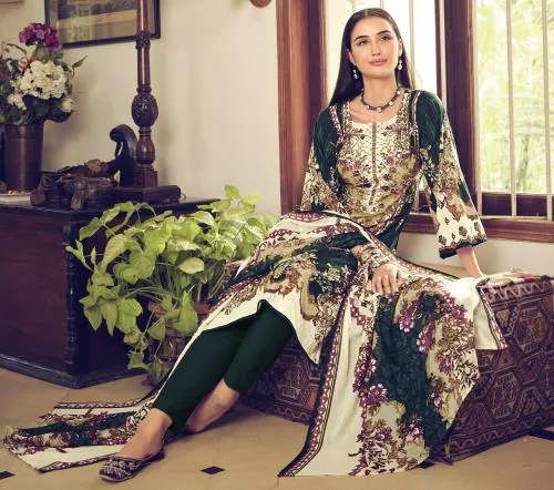THE JAZZBAAT Unstitched Pakistani Print Embroidered Cotton Salwar Suit Dress Materials with Dupatta Unstitched Dress Material For Women (Cream) (CBelNair9_1)